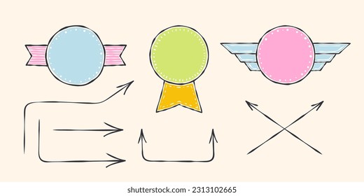 Hand-drawn badges and arrows for design. Casual doodles icons and objects. Vector scalable graphics