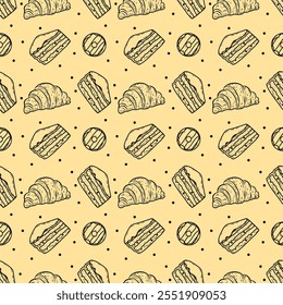 Patrón de panadería dibujado a mano sobre fondo amarillo. Croissant, donut y rebanada de pastel