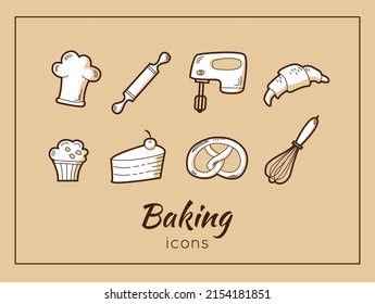 Hand-drawn bakery process icons. Line art of baking icons.