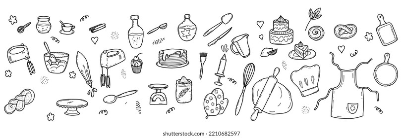 Hand-drawn baking elements, creating recipes. A set of equipment for making cupcakes and cakes. Comic sketch of a doodle. Vector illustration