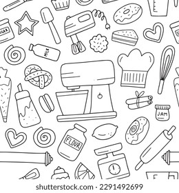 Hand-drawn baking set. Seamless pattern. Simple vector illustration