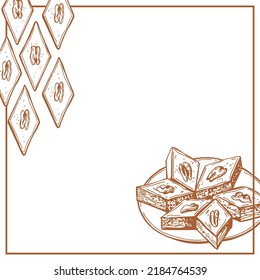 Hand-drawn  baklava. Vector background. Sketch  illustration.