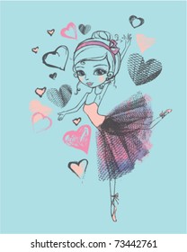 hand-drawn ballerina in tutu with sketched hearts