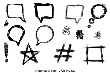 Texto em balão desenhado à mão e rabisco com contornos de bate-papo de bolhas, quadros ovais realçados, elipses, setas marcadoras e linhas sublinhadas. Uma coleção de ovais, círculos e modelos de linha em um estilo de rabisco. Ilustração de vetor de estoque isolada em um plano de fundo transparente.