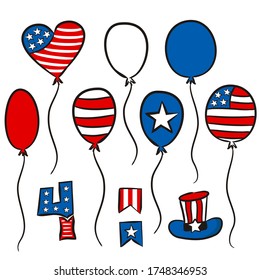 Hand-drawn balloons for Independence Day of the United States of America. Symbols of the USA in national colors. Set of elements and flags for July 4th. Vector illustration for poster design.