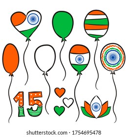 Hand-drawn balloons for Indian Independence Day. Symbols of India in national colors. Set of elements and numbers for August 15th. Vector illustration for poster design.
