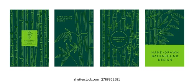 Hand-Drawn Bamboo Poster and Banner set, Elegant Line Art Botanical Backgrounds with Doodle Bamboo Pattern, Natural Asian Design Templates in a vector illustration