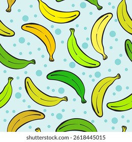 Hand-drawn banana illustrations in various ripeness stages, scattered over a bright, bubbly blue backdrop. Ideal for tropical and summery designs, textiles, packaging, and digital art.