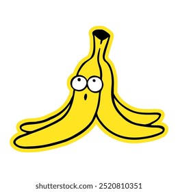 Hand-drawn banana peel character illustration. Creative sticker symbolizing humor, caution, and fun. Vector illustration for playful designs, safety messages, and quirky humor.