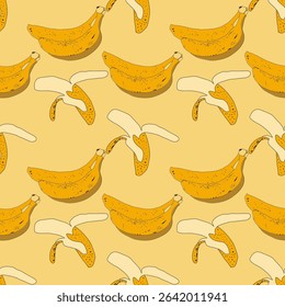 Hand-Drawn Banana Seamless Pattern. A playful seamless pattern featuring hand-drawn bananas and peeled bananas on a cheerful yellow background. Ideal for food-themed designs, kitchen decor.