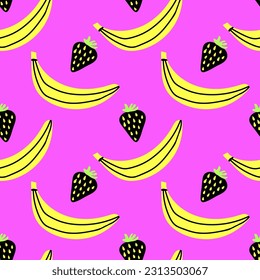 Hand-drawn banana and strawberry seamless pattern on bright pink background.