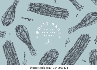 Hand-drawn bandage bundles of white sage. Ancient incense of the Indians of America for meditation and spirituality sessions. Vintage vector illustration.