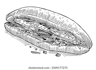 Um sanduíche desenhado à mão Banh Mi ou Vietnamita