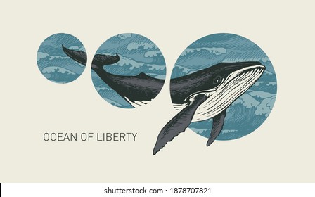 Hand-drawn banner with a big whale and circles with sea waves. Vector illustration on the theme of travel, adventure and discovery in retro style with the words Ocean of liberty on a light background