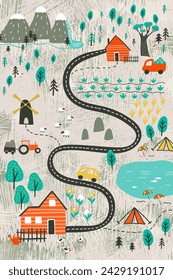 Hand-drawn banner captures outdoor wonders: campsite, mountains, forests, old mill, organic farms, serene blue lake on textured grey background. Vector illustration in flat design style.