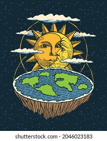 Banner dibujado a mano con la Tierra plana en el espacio con el Sol y la Luna. Vieja visión del planeta y del sistema solar. Teoría alternativa de la tierra plana. Ilustración vectorial de color en estilo de dibujos animados.