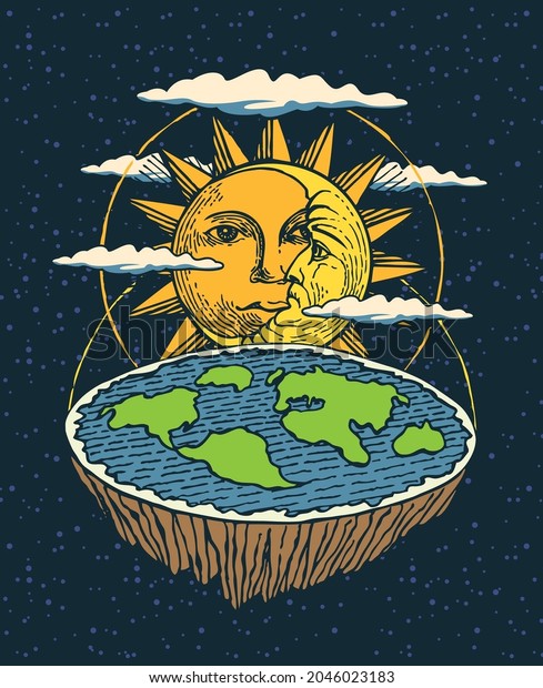 Hand-drawn
banner with flat Earth in space with the Sun and Moon. Old Vision
of Planet and solar system. Alternative theory of flat earth.
Colored vector illustration in cartoon
style.