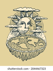 Hand-drawn banner with flat Earth, the Sun and Moon. Old Vision of Planet and solar system. Alternative pseudo scientific theory of flat earth. Vector illustration in beige colors in retro style. svg