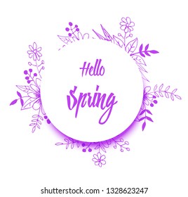 hand-drawn banner with flowers and text Hello spring. Floral vector illustration. Great for logo, website, postcard, banner or print.