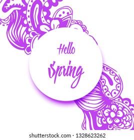 hand-drawn banner with flowers and text Hello spring. Floral vector illustration. Great for logo, website, postcard, banner or print.