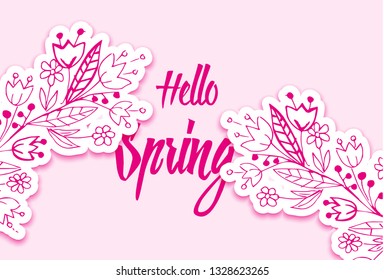 hand-drawn banner with flowers and text Hello spring. Floral vector illustration. Great for logo, website, postcard, banner or print.