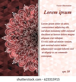 Hand-drawn banner with half of mandala ornament. Template cards,  invitations, flyers, posters. Arabic, Indian, turkish, chinese, ottoman motifs. Vector illustration.