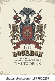 Hand-drawn banner or label for Bourbon with ornate coat of arms on a light background in grunge style. Vector vintage coat of arms with lions, spears, knights helmet and fleur de lis on a shield