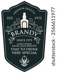 Hand-drawn banner or label for Brandy with coat of arms on an old paper background. Vector heraldic coat of arms in vintage style with lions, spears, knights helmet and fleur de lis on a shield