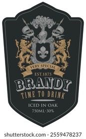 Hand-drawn banner or label for Brandy with coat of arms on an old paper background. Vector heraldic coat of arms in vintage style with lions, spears, knights helmet and fleur de lis on a shield