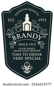 Hand-drawn banner or label for Brandy with coat of arms on an old paper background. Vector heraldic coat of arms in vintage style with lions, spears, knights helmet and fleur de lis on a shield