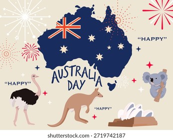 Banner desenhado à mão, cartaz e imagem de fundo para o Dia Nacional da Austrália. Tema: Azul, Vermelho, Branco. Características: Canguru, Urso Koala, Avestruz e Sydney Opera House