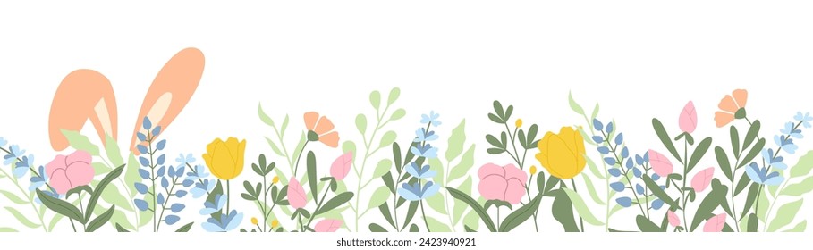 Handdrawn banner with spring flowers and bunny ears. Vector illustration in pastel colors.