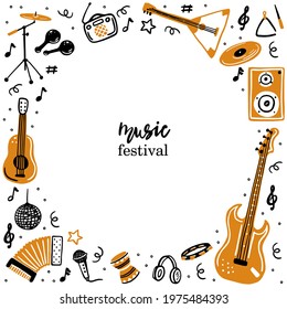 Hand-drawn banner template with a musical instrument, guitar, accordion. Doodle sketch style. Vector illustration for music store, musical instrument banner, music festival flyer, brochure background