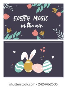 Handdrawn banners for Easter with spring flowers, eggs and bunny ears. Colourful vector illustration.