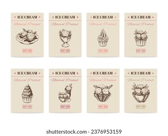 Hand-drawn banners with ice cream in sketch style. Vintage vector illustration. The concept of dessert is a sweet dish in a vintage doodle style.