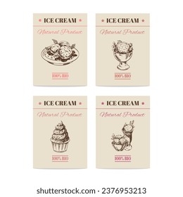 Hand-drawn banners with ice cream in sketch style. Vintage vector illustration. The concept of dessert is a sweet dish in a vintage doodle style.