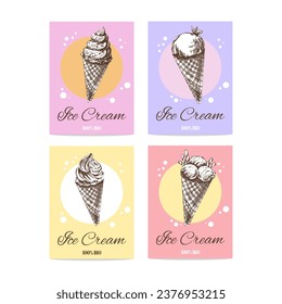 Hand-drawn banners with ice cream in sketch style. Vintage vector illustration. The concept of dessert is a sweet dish in a vintage doodle style.