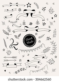 Hand-drawn banners set. Hand Drawn vintage floral elements. Set of flowers and decorative elements.Vector Illustration of Decorative Vintage Elements.