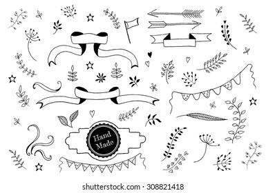 Hand-drawn banners set. Hand Drawn vintage floral elements. Set of flowers and decorative elements.Vector Illustration of Decorative Vintage Elements.