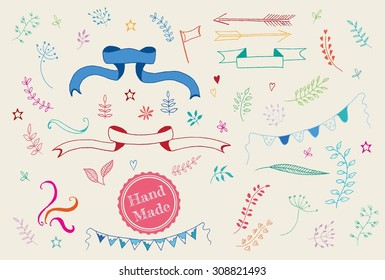 Hand-drawn banners set. Hand Drawn vintage floral elements. Set of flowers and decorative elements.Vector Illustration of Decorative Vintage Elements.