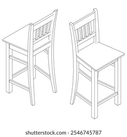 Hand-drawn bar chair and stool vector illustration. Editable line art design ideal for bar furniture, kitchen counters, and trendy seating options in modern interiors with isometric view