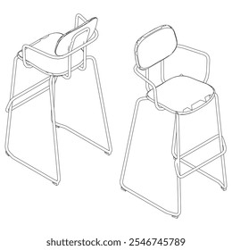 Hand-drawn bar chair and stool vector illustration. Editable line art design ideal for bar furniture, kitchen counters, and trendy seating options in modern interiors with isometric view