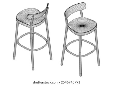 Hand-drawn bar chair and stool vector illustration. Editable line art design ideal for bar furniture, kitchen counters, and trendy seating options in modern interiors with isometric view