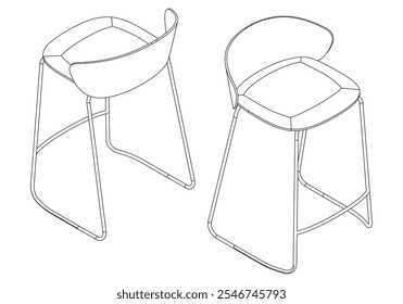 Hand-drawn bar chair and stool vector illustration. Editable line art design ideal for bar furniture, kitchen counters, and trendy seating options in modern interiors with isometric view