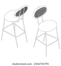 Hand-drawn bar chair and stool vector illustration. Editable line art design ideal for bar furniture, kitchen counters, and trendy seating options in modern interiors with isometric view