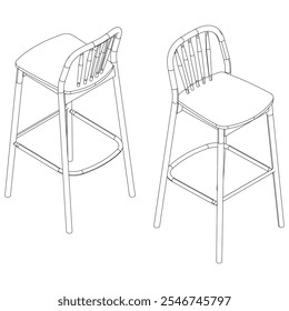 Hand-drawn bar chair and stool vector illustration. Editable line art design ideal for bar furniture, kitchen counters, and trendy seating options in modern interiors with isometric view