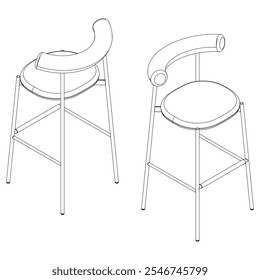 Hand-drawn bar chair and stool vector illustration. Editable line art design ideal for bar furniture, kitchen counters, and trendy seating options in modern interiors with isometric view