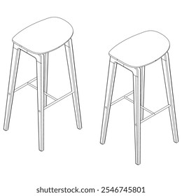 Hand-drawn bar chair and stool vector illustration. Editable line art design ideal for bar furniture, kitchen counters, and trendy seating options in modern interiors with isometric view