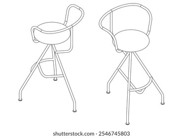 Hand-drawn bar chair and stool vector illustration. Editable line art design ideal for bar furniture, kitchen counters, and trendy seating options in modern interiors with isometric view