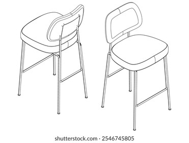 Hand-drawn bar chair and stool vector illustration. Editable line art design ideal for bar furniture, kitchen counters, and trendy seating options in modern interiors with isometric view